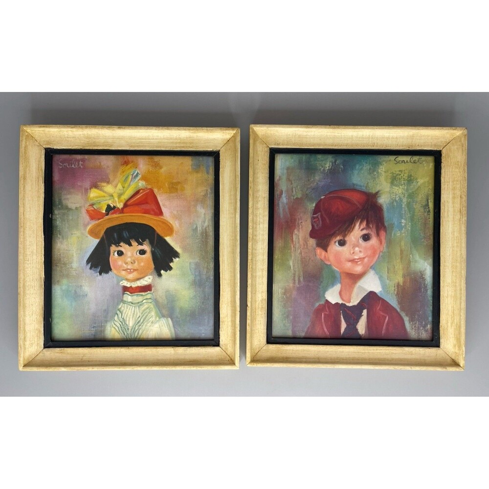 Vtg Set 2 Framed Soulet 1960s Litho Print Doe Eyed Boy Girl Augustus Emma